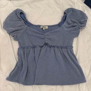 Smocked Puff-Sleeve Peplum Blouse in Dusty Blue
